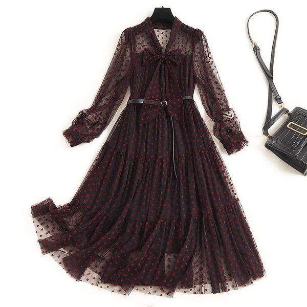 

casual dresses european boutique women polka dot mesh shirt long sleeve dress elegant 2021 autumn neckline lace-up belt 15203 vestido, Black;gray