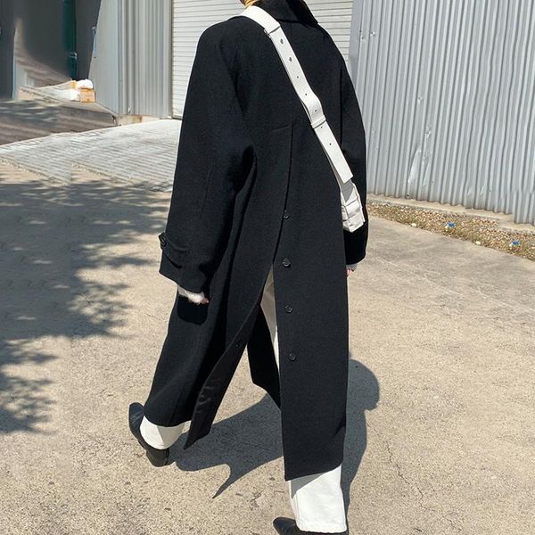 

women's wool & blends [ewq] 2021 autumn winter female over knee style turn-down collar long-sleeved single-breasted solid color woolen, Black