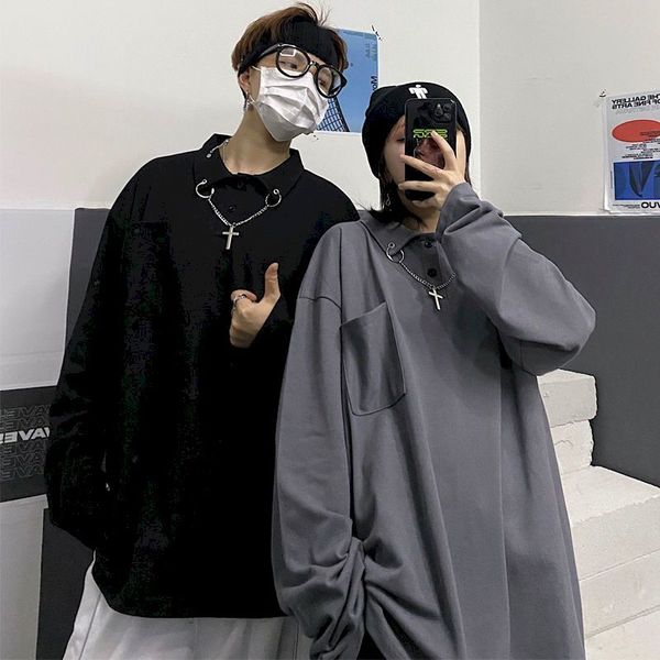 

long-sleeve couple student pocket oversized t-shirt female trend korean retro lapel shirt big size tshirts spring dkzw, White