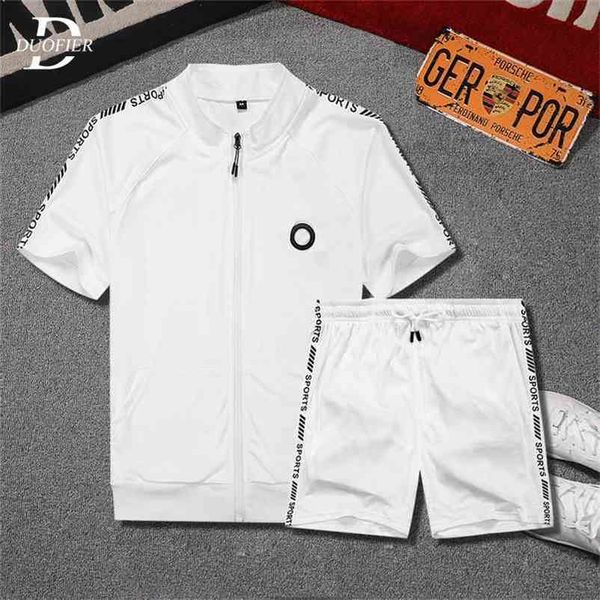 

summer men casual sets loose jogging tracksuit mens sportswear zipper tshirts+shorts 2pcs sports suit printing clothing 210806, Gray