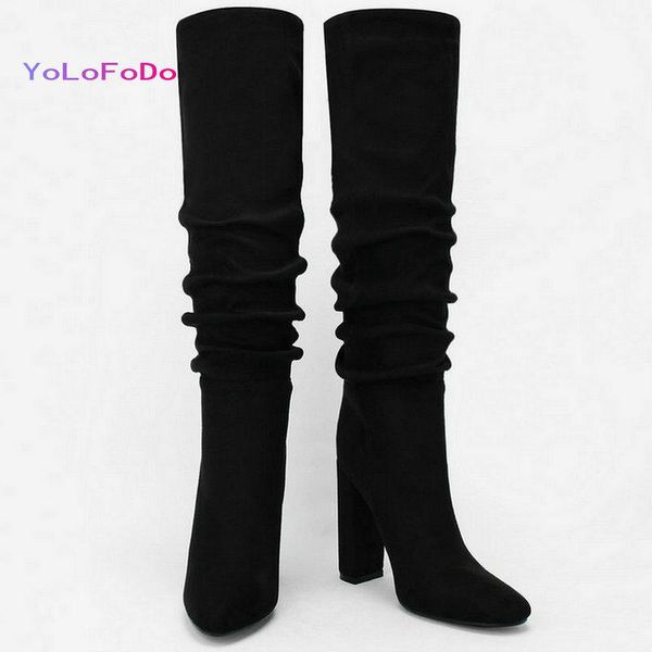 

boots 2021 autumn winter women knee high faux suede quality square heel fashion round toe pleated, Black