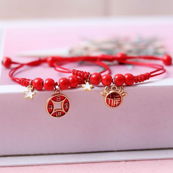 

charm bracelets festive chinese ethnic style hand-woven red ceramic beaded bracelet sweet girl couple accessories birthday gift female jewel, Golden;silver