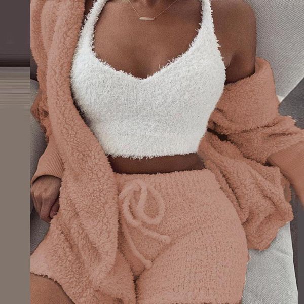 

women 3 piece set fleece plush hooded cardigan casual long sleeve coat autumn winter shorts set suit sleepwear night outfits, Gray