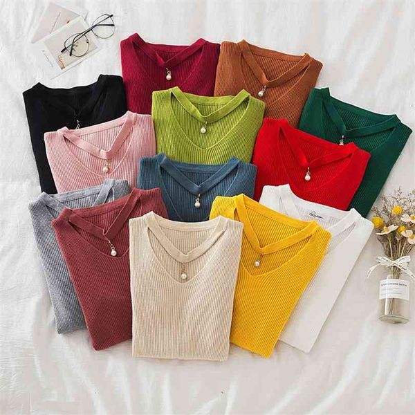 

croysier autumn winter clothe pearl cut out v neck sweaters knit pullover basic casual ribbed knitted sweater 210922, White;black