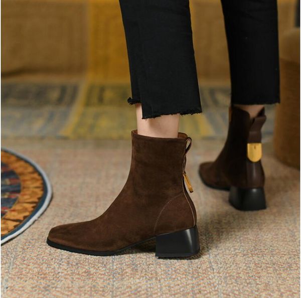 Chelsea botas femininas estilo pele de carneiro coreana camurça de vaca couro inverno quente sapatos ocidentais bota martin 599