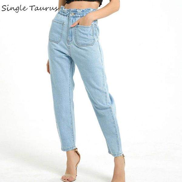 

women's jeans high waist harem for women england preppy style denim pants woman streetwear big pockets causal brief loose boyfriend jea, Blue