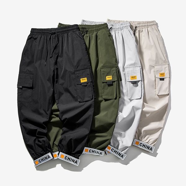 

men's pants hip hop jogging leisure cargo male multi-pocket streetwear elastic waist mens sweatpants drop t18p, Black