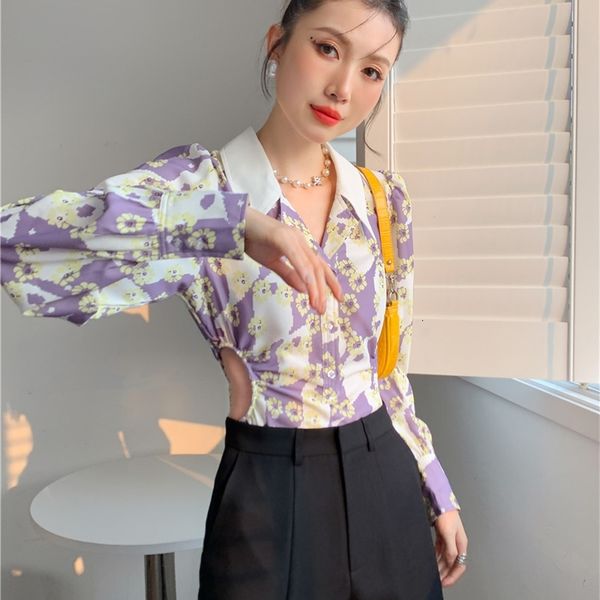 

women's jumpsuits & rompers puff sleeve floral bodysuit women purple button front romper long shirt ladies hollw out jumpsuit zxmp, Black;white