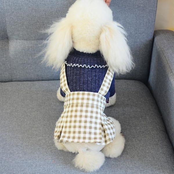 

dog apparel plaid strap dress ladies cotton splicing two legs turndown collar pet clothes for small dogs poodle chihuahua puppy skirts