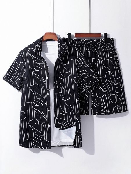 

men random allover print shirt & shorts without tee u8b1#, Gray