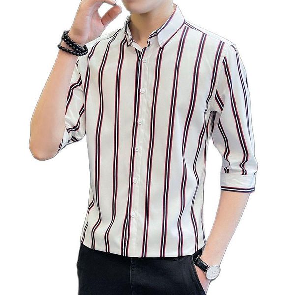 

men's casual shirts seven-minute sleeve striped shirt for men korean version elastic slim young trend, White;black