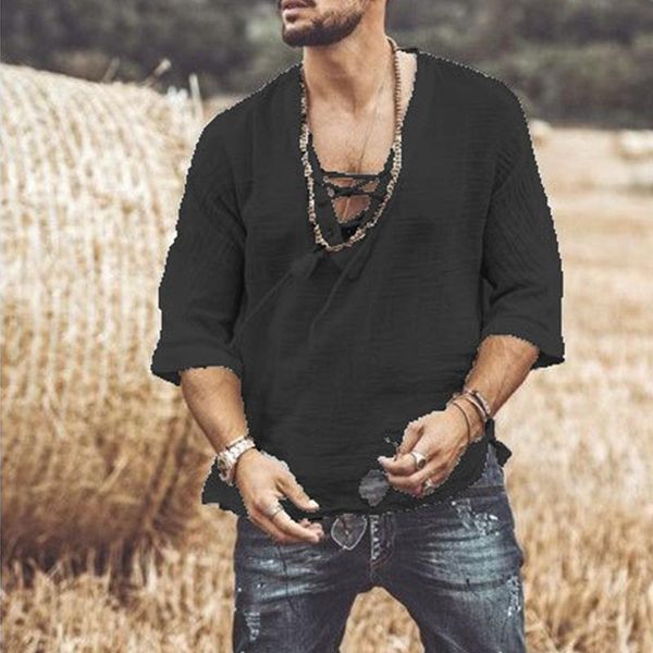 

men's t-shirts fashion men tshirt summer shirt chest lace up corn half sleeve t-shirt solid color plus size clothing, White;black