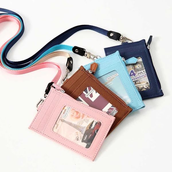 

10 colors simple solid korean shaped named card holder identity badge with lanyard pu neck strap card bus id card holders, Brown;gray