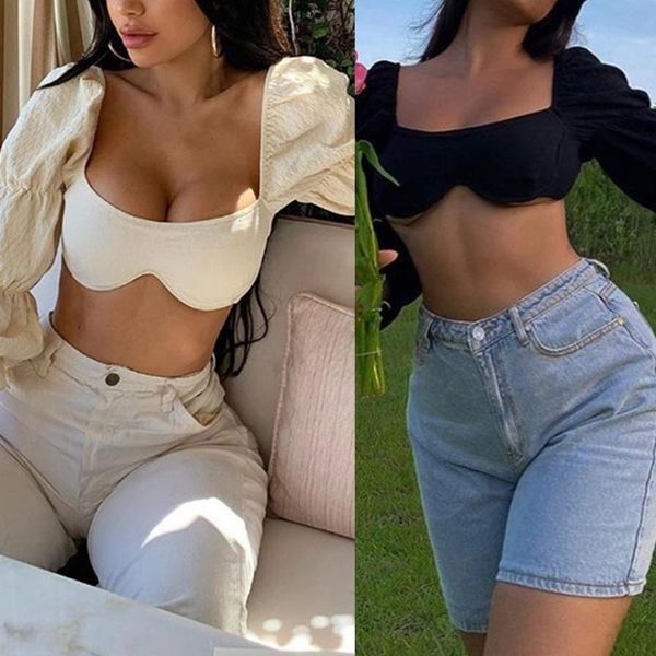 

women's t-shirt women autumn vintage puff sleeve blouse square neck backless crop solid color tie up back ruched bustier, White