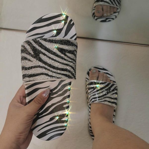 

slippers summer luxury rhinestone women platform flat heels open toe thick sole zebra beach slides fashion sandals ladies shoes, Black