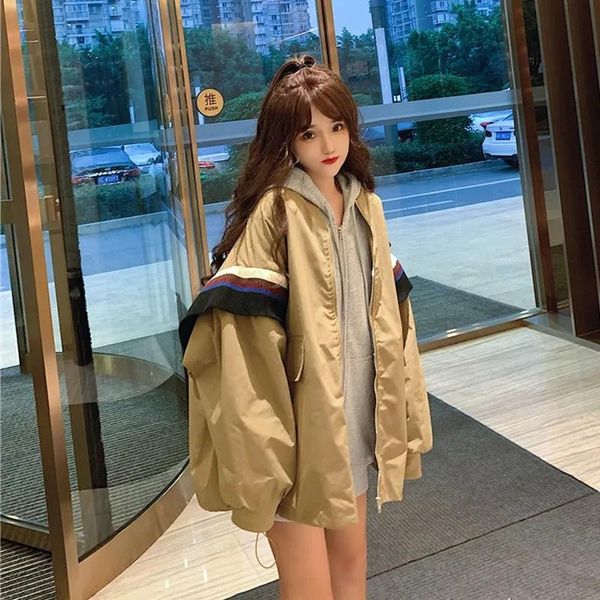 

women's jackets 2021 loose womens outerwear knit stripe patchwork baseball uniform coat casual fashion high street large size female ja, Black;brown