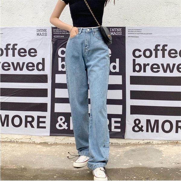 

women vintage retro large size loose denim all match trousers female high waist slim full-length straight jeans pants women's, Blue