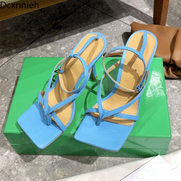 

new summer square toe ankle strap sandals woman high heels genuine leather summer gladiator sandals woman party shoes women 2021, Black