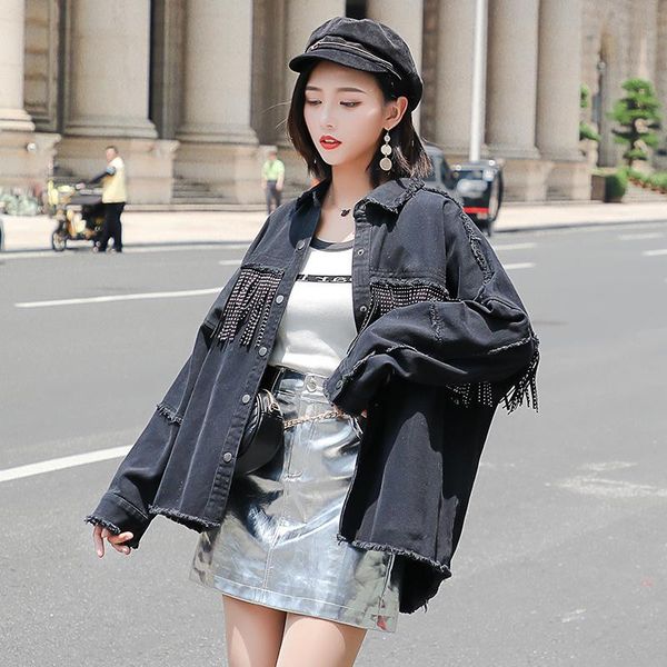 

women's jackets women denim jacket coat tassels black ladies jeans loose abrigo mujer for 2021 spring coats females, Black;brown