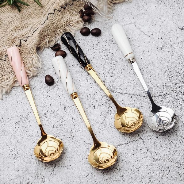 

spoons 1pcs cherry blossoms stainless steel tea coffee spoon teaspoons ice cream sugar flatware gold kitchen tableware ceramic handle