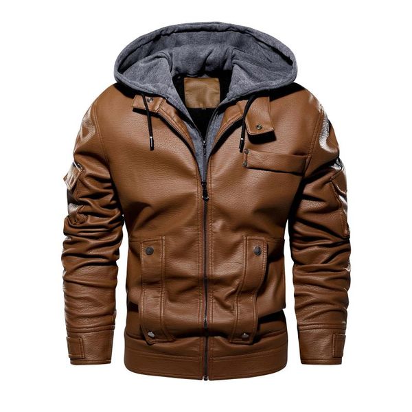 

men's jackets autumn&winter bomber jacket solid color long sleeved stitching hooded leather outwear streetwear man, Black;brown