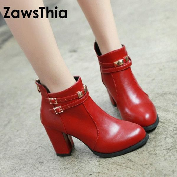 

boots zawsthia 2021 winter red black woman pumps block high heels for women fashion ladies ankle big size 50