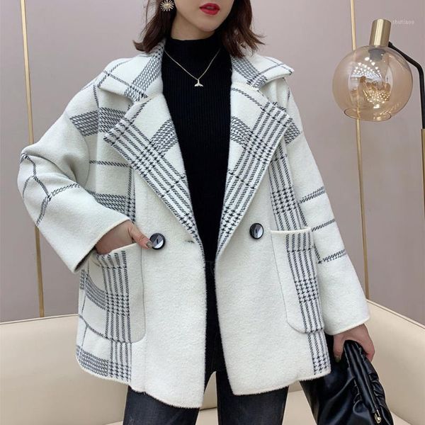 

women's wool & blends ladyovercoat winter coat female korean fashion elegant trendy plaid plus size cotton loose short woolen top, Black
