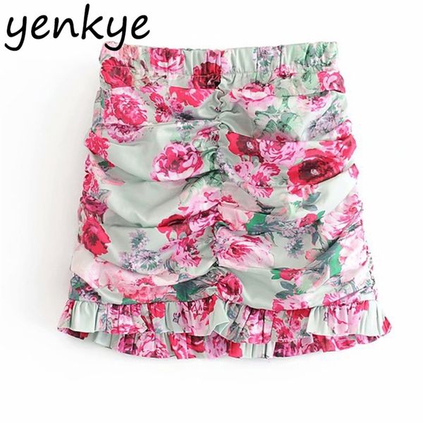 

romantic rose floral print skirt women elastic high waist draped hem ruffle skirt jupe femme summer boho mini skirt 210311, Black