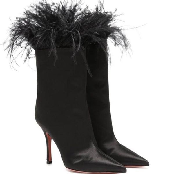 

boots luxury silk fabric feather women's short boot autumn winter pointed toe comfortable leatherlining catwalk stilettobare, Black