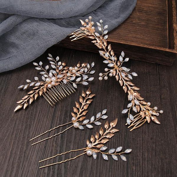 

hair clips & barrettes vintage gold color tiaras combs with hairpins sets crystal leaf rhinestone pearl headpiece wedding bridal accessories, Golden;silver