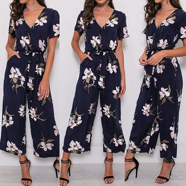 

women's jumpsuits & rompers trendy women clothes summer party flower print jumpsuit short sleeve polyester v-neck romper, Black;white