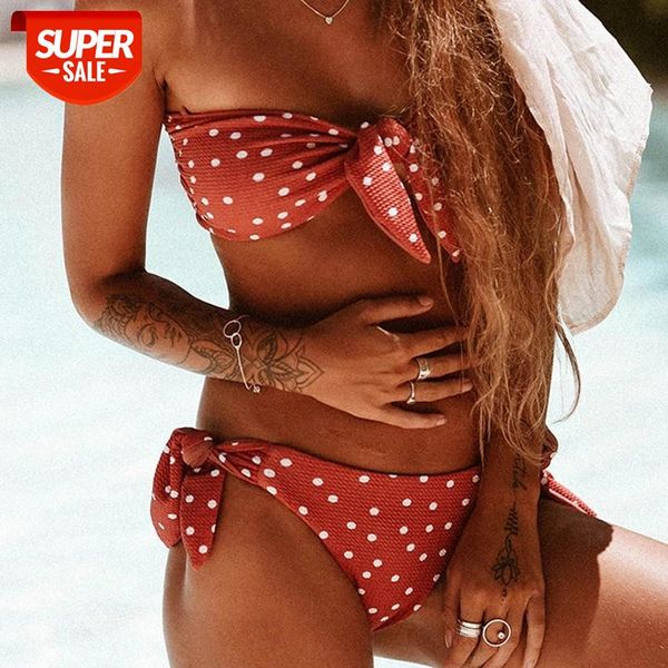 

Polka Dot Sexy Bikini Women Lace Up White Swimsuit 2019 Bandeau Push Up Swimwear Female Floral Wide Bathing Suit Bathers #iv1f, White;black