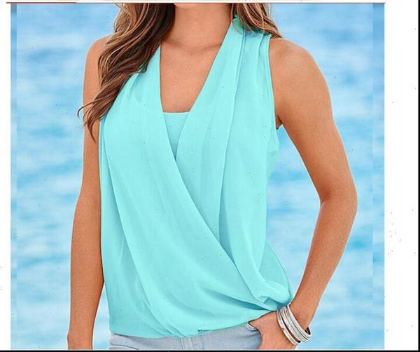 

summer solid color v neck chiffon stitching knitted vest strapless tank shirt femme european and american style, White