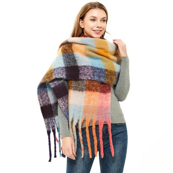 

scarves women's thicken loop yarn fringed fritillary colour lattice braided big plaid lady's shawl in autumn and winter, Blue;gray