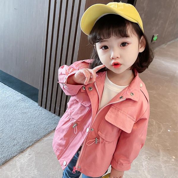 

coat kids girl solid casual trench children clothes spring elastic waist zipper windbreaker jacket toddler girls outwear 1-7yrs, Blue;gray