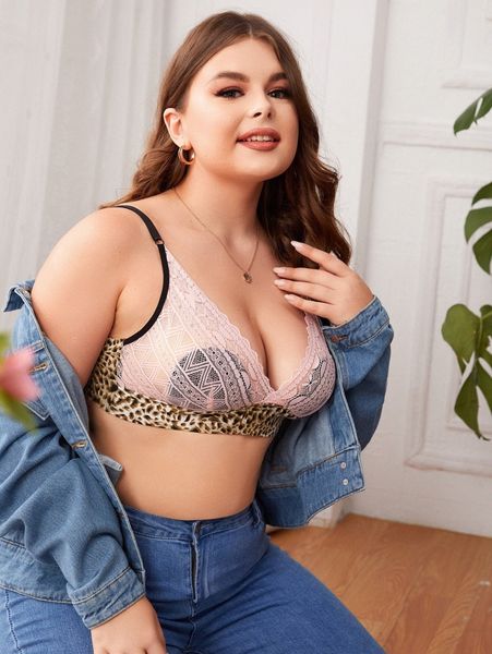 

plus leopard lace scallop trim bralette u9gx#, Black;white