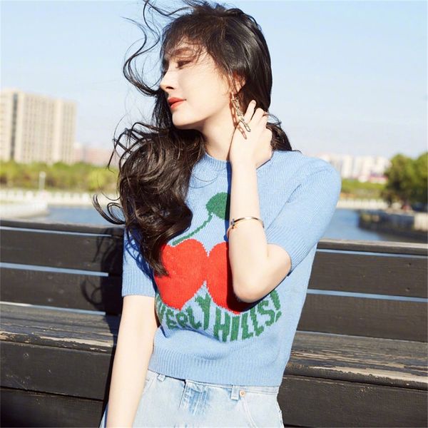 

2021 summer new yangmi same blue sweater cherry thin wool short sleeve knitted t-shirt comfortable and delicateli, White;black