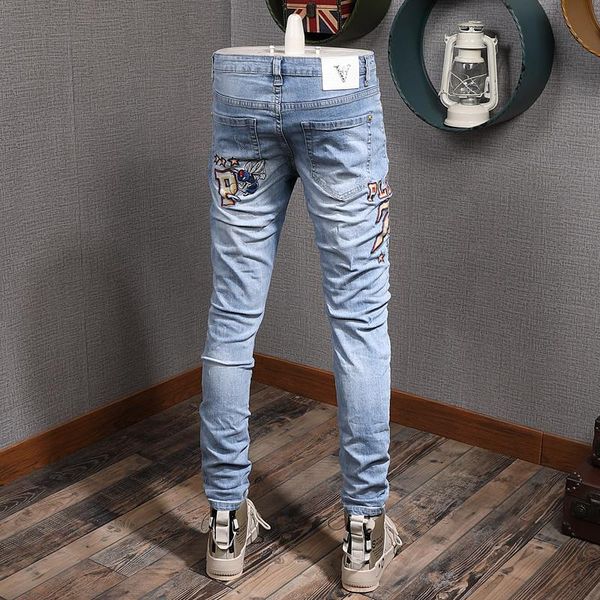 

men's jeans denim men embroidered men's los hombres light color ripped tight leggings trouser for hombre, Blue