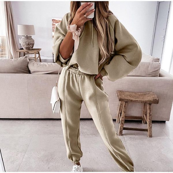 

women's two piece pants tracksuit women set casual fleece female sets oversize hooded long sleeves hoodie sport lady suit autumn 2021, White