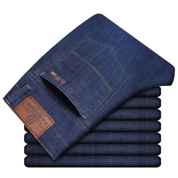 

men's jeans stretch dark blue ultrathin straight classic regular fit leisure businessman long trousers male homme drop