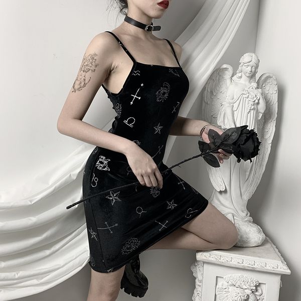 

velvet spaghetti strap dress backless slim summer pencil mini dress women casual party bodycon lady gothic print dress, Black;gray