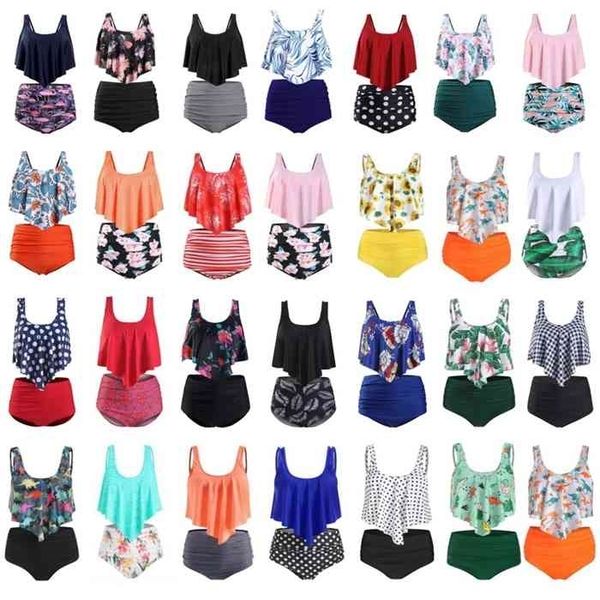 

women ruched high waist bikini plus size swimwear summer swimsuit flamingos beach bathing suit ruffle bikini mujer, White;black