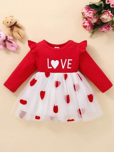 

baby heart & letter graphic ruffle trim mesh hem dress she02, Red;yellow