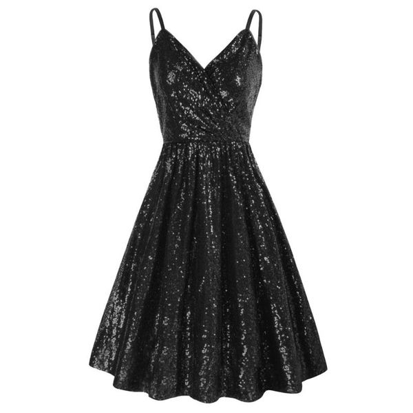 

casual dresses high-end women sequined cami dress spaghetti strap v-neck flared a-line ladies evening party culb slim vestidos, Black;gray
