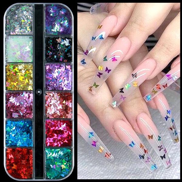 

nail art decorations holographic butterfly glitter sequins sparkly laser flakes mixed colors paillette slices manicure nails accessories, Silver;gold