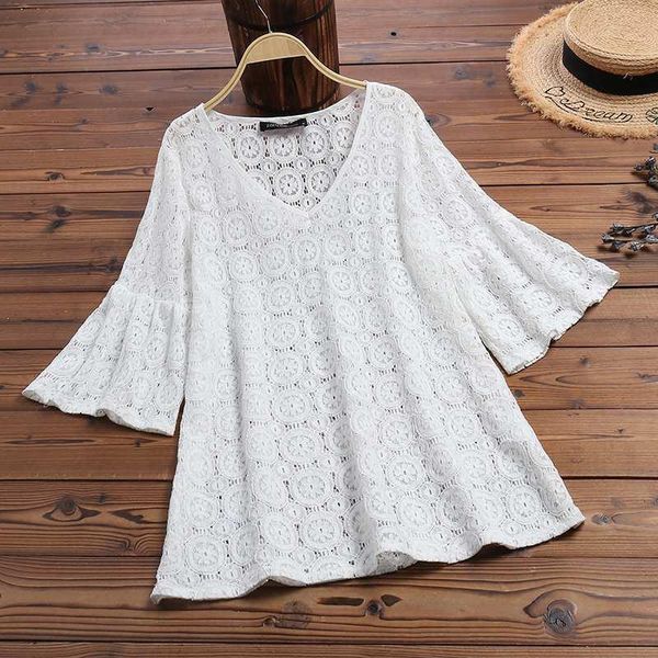 

2021 zanzea bohemain lace womens summer blouse v neck hollow blusas female casual flare sleeve plus size tunic, White