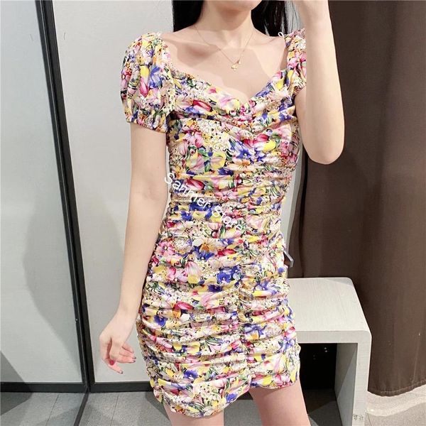 

2021 new feminino manga curta curto plissado v-neck doce flor impresso primavera vero mini vestido qrki, Black;gray