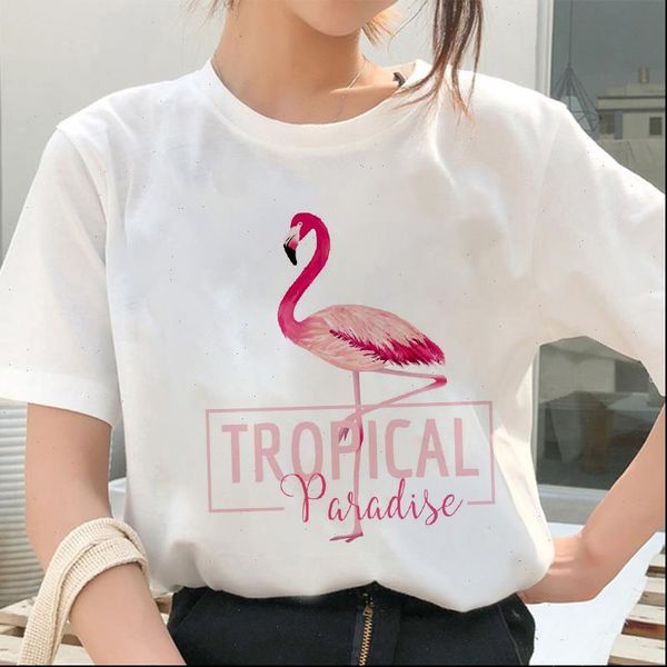 

harajuku women fashion t shirt 2021 summer lovely flamingo printing t shirt casual white short sleeve tshirt clothing