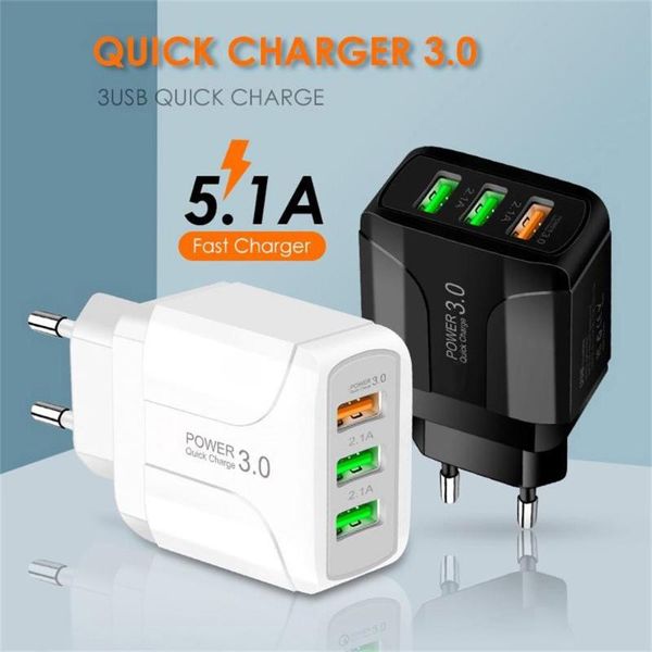 

smart power plugs 3 port fast quick charge qc 3.0 usb hub wall charger 5.1a adapter eu / us plug travel phone battery chargers socket