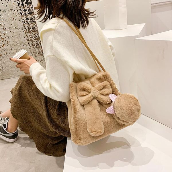 

evening bags bow soft fluffy solid furry ladies handbag fur shoulder plush tote bag two piece set for women 2021 winter sac
